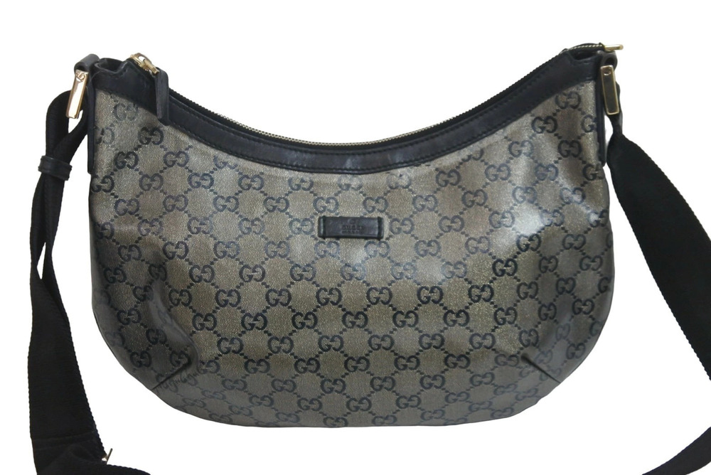 Gucci Shoulder Gray GG Leather Crystal Silver Bag Black Silver Black